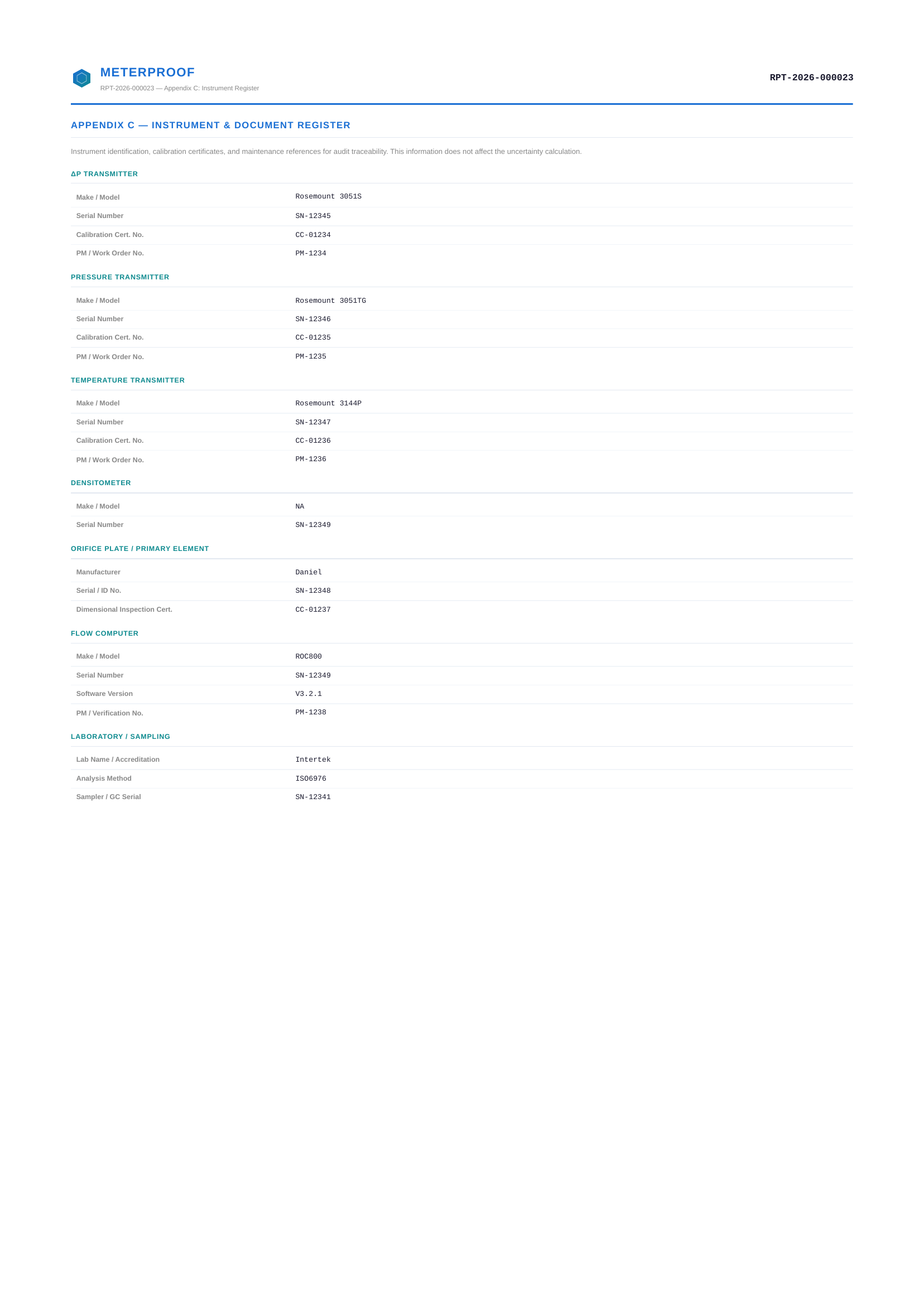 Page 7: instrument and document register with serial numbers and certificates
